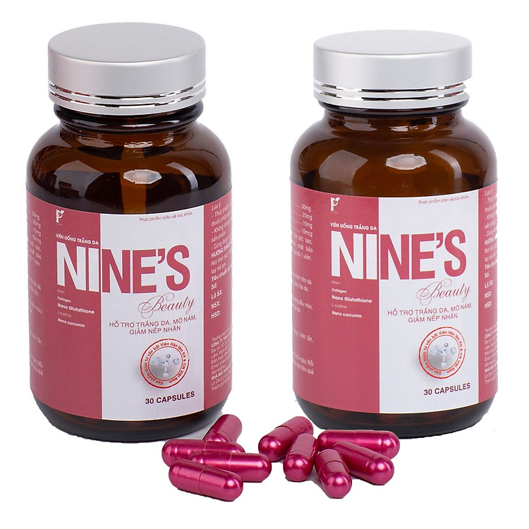 Hộp 2 lọ liệu trìnhViên Uống Trắng Da toàn thân Mờ Tàn Nhang Nine's Beauty bổ sung Collagen, Nano Glutathione, Nano Curcumin làm đẹp da hỗ trợ trị nám tàn nhang, chống lão hóa giảm nếp nhăn Điều hòa nội tiết tố nữ