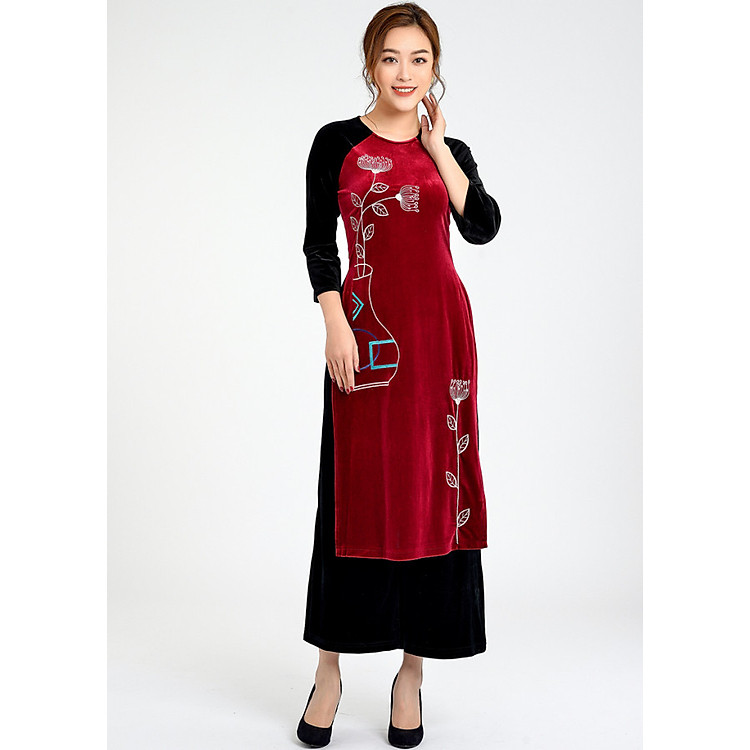 Áo dài nhung thêu Lamer L61A18Q028-S2400 ( Đỏ )