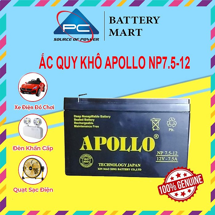 Ắc Quy Apollo NP7.5-12 12V-7.5AH, dùng cho xe điện trẻ em, UPS, loa kéo, hệ thống báo cháy...