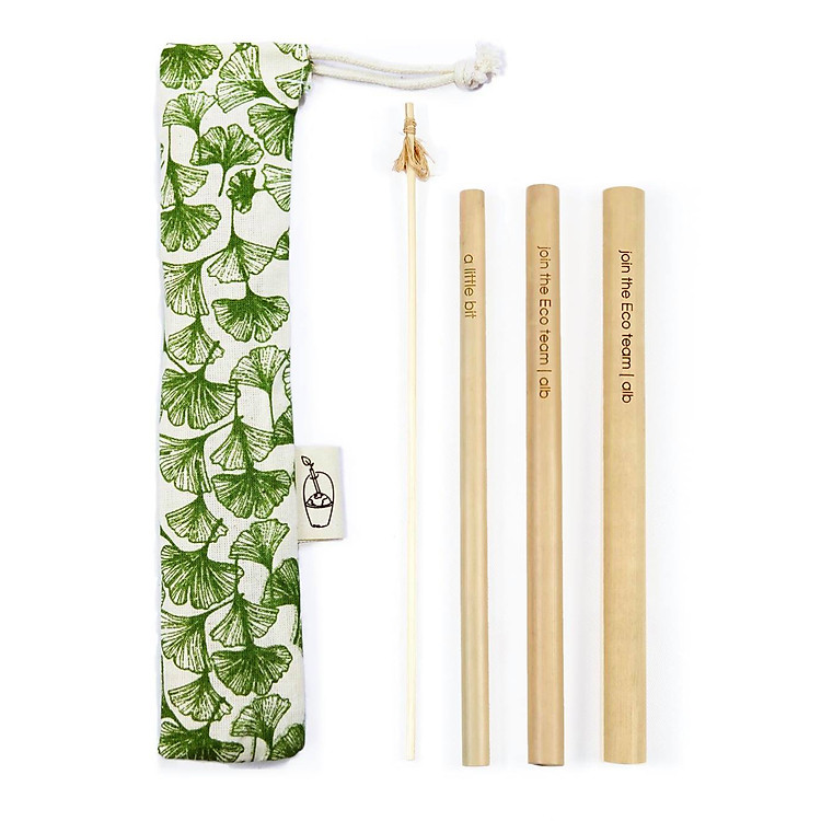 Bộ 3 Ống hút tre, Túi đựng, Cọ Rửa Lá Rẻ Quạt