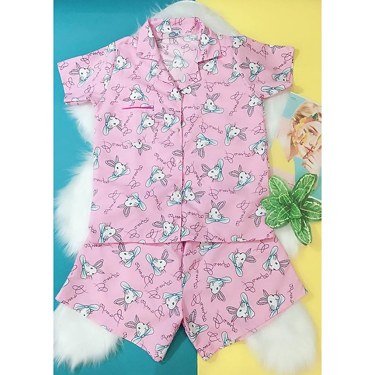 Bộ Ngắn Mặc Nhà Pijama Thái (Free Size) Vải Kate Họa Tiết Thỏ Pijama0108 - Hồng