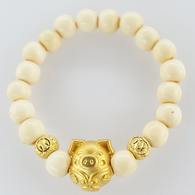 Vòng tay Dâu Tằm và Charm Heo xinh xắn cho bé 0-1 tuổi ( 99.99% Gỗ Dâu tằm và 99.99% Bạc mạ vàng)
