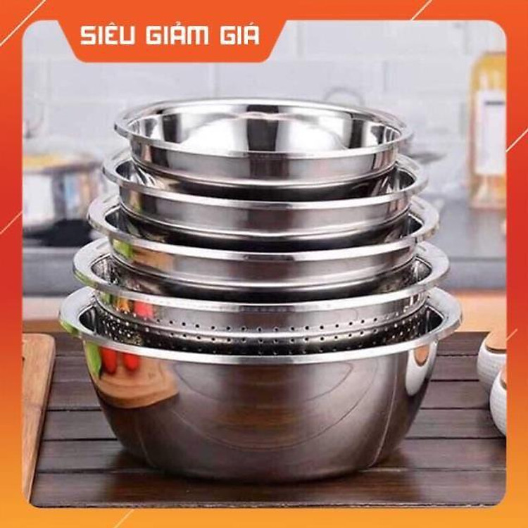 Bộ thau rổ inox 304 set 5 món, Chậu rổ nhà bếp-Onlycook (inox mờ)