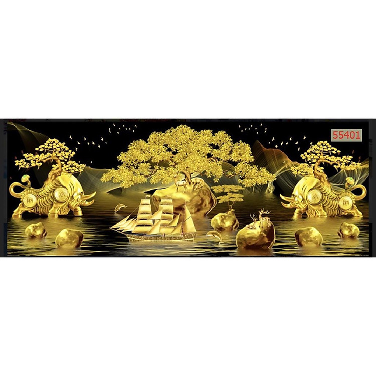 tranh trâu vàng đan tường 3d. tranh in vải lụa không thấm nước siêu bền