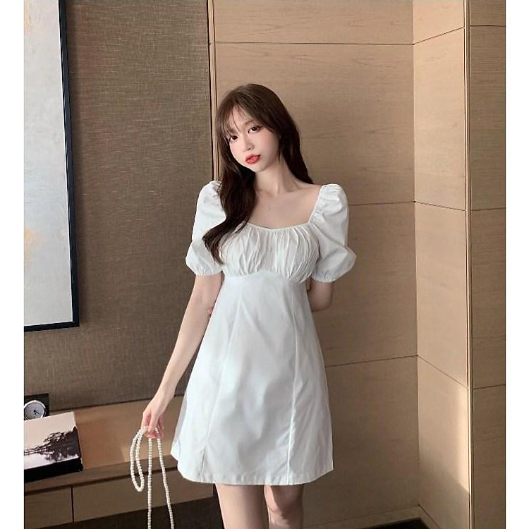 Váy trơn cổ vuông xếp ly ngực, Đầm dự tiệc công sở sinh nhật đi chơi siêu xinh