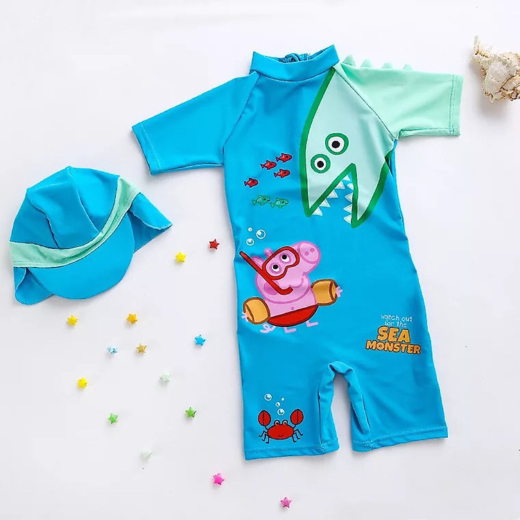Bộ bơi liền cộc xanh khủng long kèm mũ che gáy cho bé từ 2 đến 8 tuổi