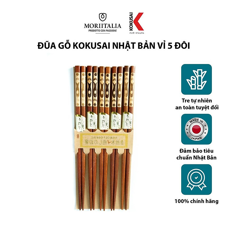 Vỉ 5 đôi đũa tre Kokusai Nhật Bản an toàn, chất liệu tre tự nhiên NDCK-20