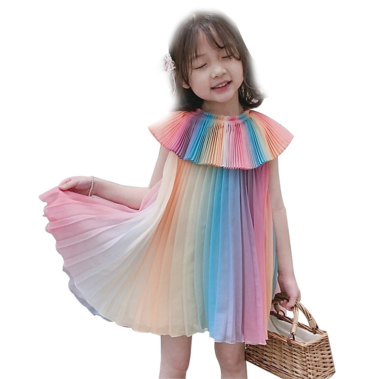 Đầm Công Chúa Xếp Ly Bảy Sắc Cầu Vồng Cho Bé Gái