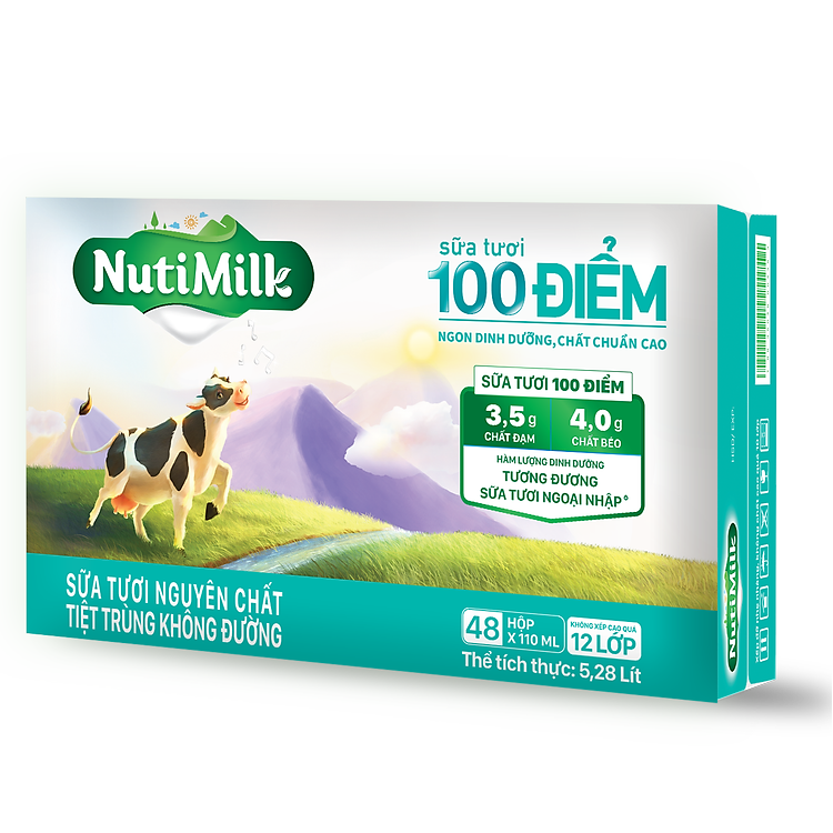 Thùng 48 Hộp NutiMilk Sữa tươi 100 điểm - Sữa tươi tiệt trùng nguyên chất không đường 110ml TU.STKD110TI NUTIFOOD