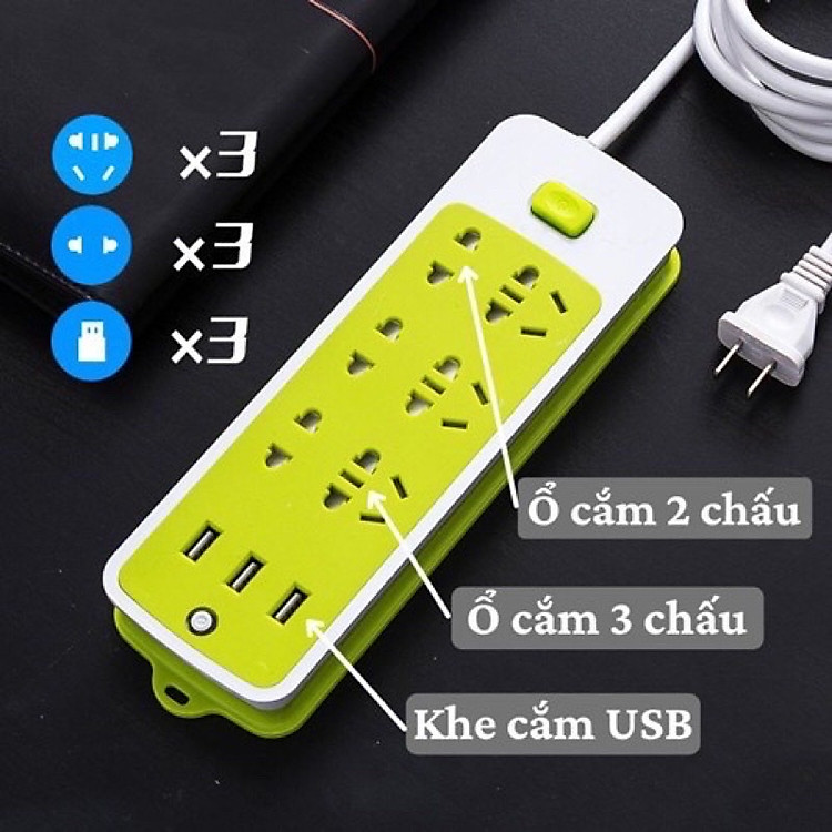 Dụng cụ và thiết bị tiện ích ổ cắm -Ổ cắm điện đa năng chống giật ,có 9 ổ cắm và 3 cổng sạc USB ,tự động ngắt khi quá tải ,sử dụng cho nhiều thiết bị cùng 1 lúc ,có lỗ treo tiện lợi