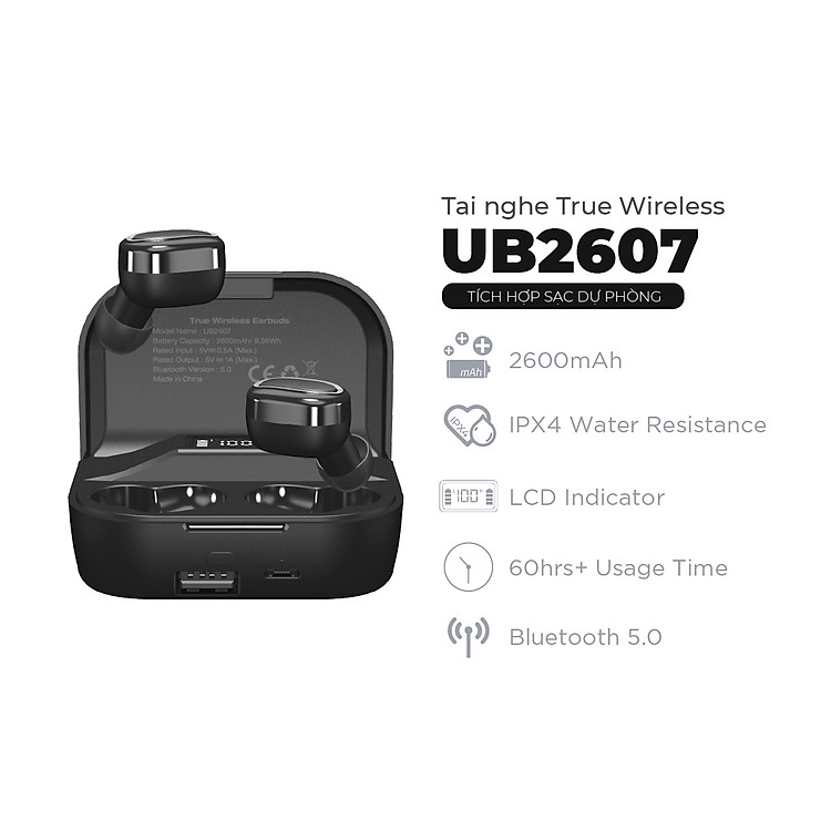 Tai nghe True Wireless Stereo Energizer UB2607 - tích hợp sạc dự phòng 2600mAh, thiết kế nhỏ gọn, âm thanh chuẩn HD - HÀNG CHÍNH HÃNG