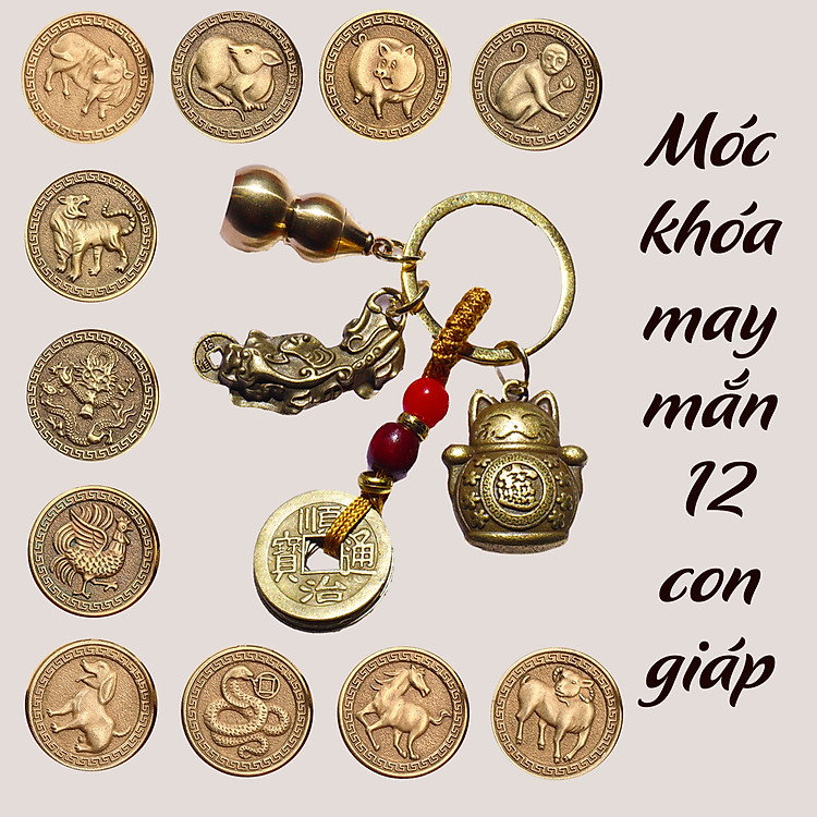 Móc Khóa 12 Con Giáp Phong Thủy Bằng Đồng Xu Ngũ Đế