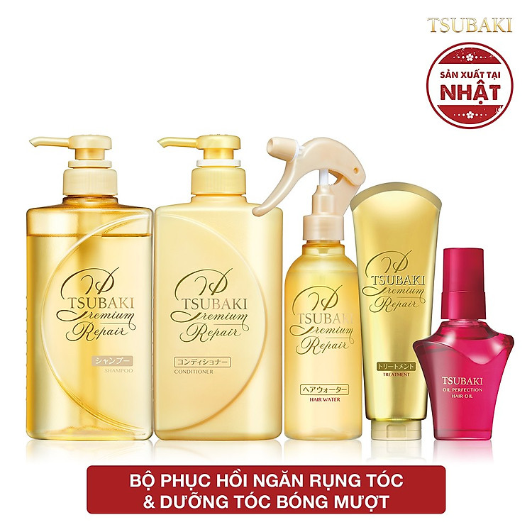 Bộ sản phẩm Tsubaki Premium Phục hồi ngăn rụng tóc chuyên sâu (Gội xả 490ml/chai + kem xả 180g + xịt dưỡng 220ml + dầu dưỡng 50ml)