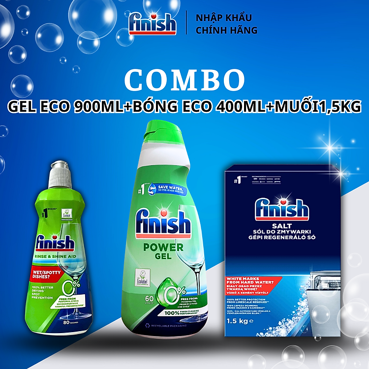 COMBO 3 món Finish Chai 900ml Gel Finish All in 1 Max + Hộp 1,5Kg muối + Chai 400ml nước bóng Finish dành cho máy