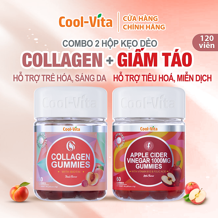 Combo Kẹo Dẻo Collagen & Kẹo Dẻo Giấm Táo Coolvita Hỗ Trợ Trẻ Hóa Sáng Da - Cải Thiện Sức Khỏe Tóc Móng - Tiêu Hóa - Tăng Cường Miễn Dịch, Kết Hợp Biotin, Vitamin C, Vitamin E, Vitamin B12 & Axit Folic - 2 Hộp (60 viên x 3g)/hộp