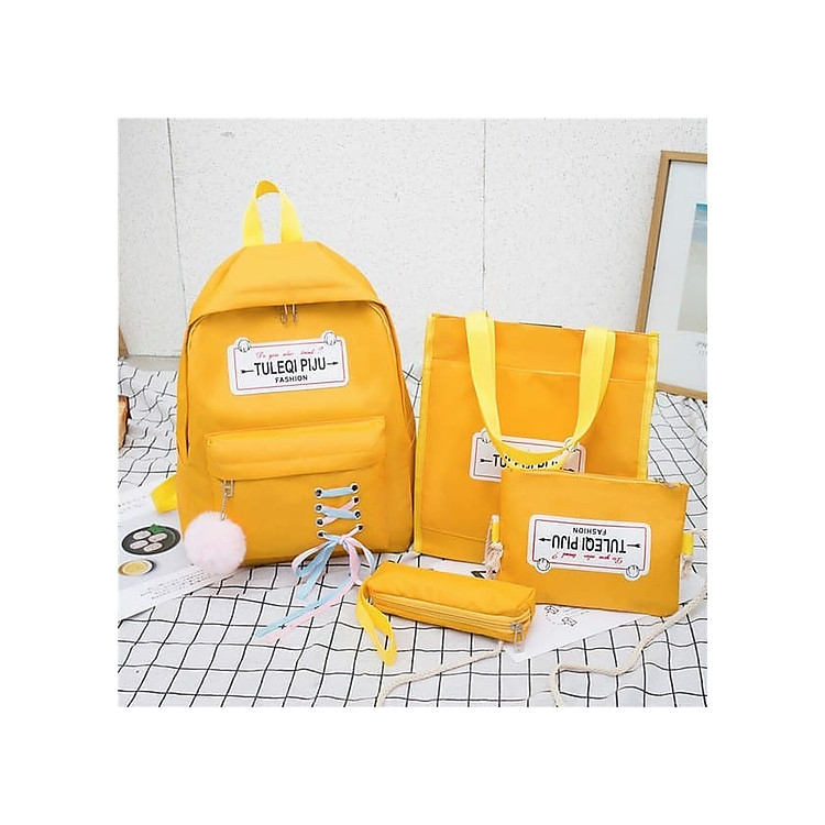 Combo Balo Sinh Viên Nữ Trọn Bộ 4 Balo Túi Xách Ví Hộp Đựng Bút Balo Quai Đeo Rộng Êm Ái Đường May Bền Đẹp Chắc Chắn Họa Tiết Sang Trọng Tuleqi Piju Fashion (Không bao gồm cục bông trang trí)