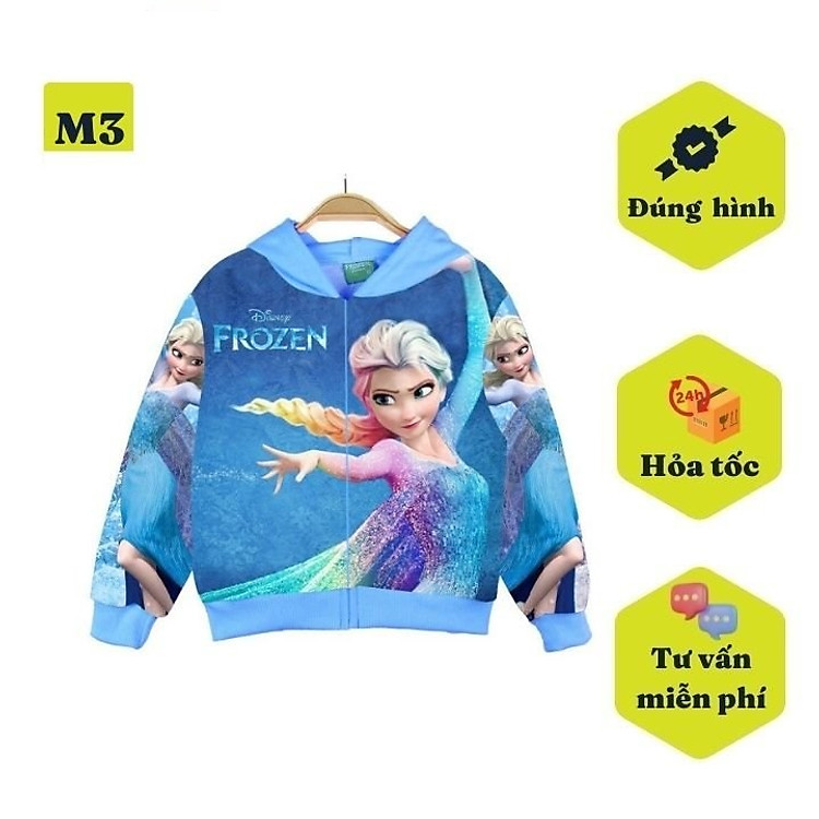 Áo khoác bé gái hình elsa từ 10-43kg. Ao chống nắng chất liệu thun da cá dày dặn, thấm hút mồ hôi