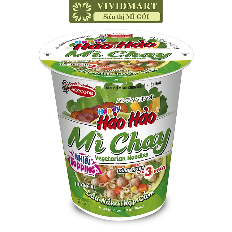 ACECOOK - Mì ly Handy Hảo Hảo hương vị lẩu nấm thập cẩm chay, Mì chay Handy Hảo Hảo lẩu nấm thập cẩm chay, Mì Handy Hảo Hảo ly chay lẩu nấm thập cẩm, Mì ly Hảo Hảo Handy lẩu nấm thập cẩm chay, Mì ly ăn liền chay (66g/ly)