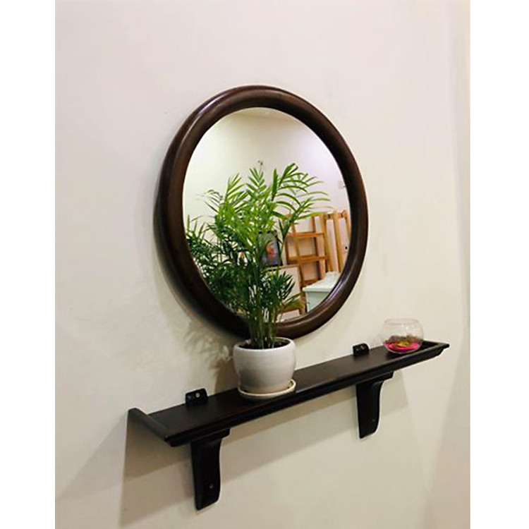 Gương Soi Tròn Gắn Tường gỗ sồi kèm kệ cao cấp