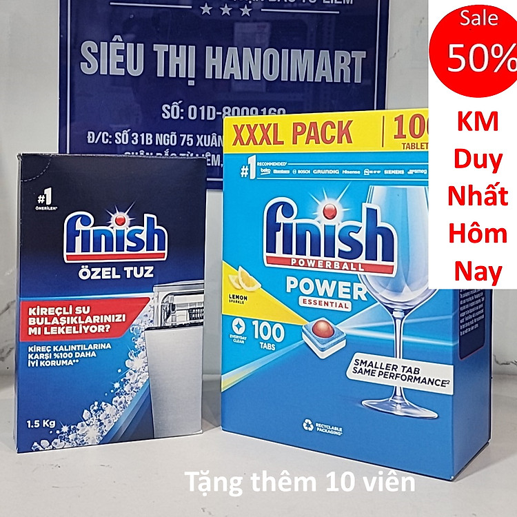 Combo Viên rửa bát Finish All in one 110 viên + Muối rửa bát Finish 1.5kg dùng cho Máy Rửa Bát Chén