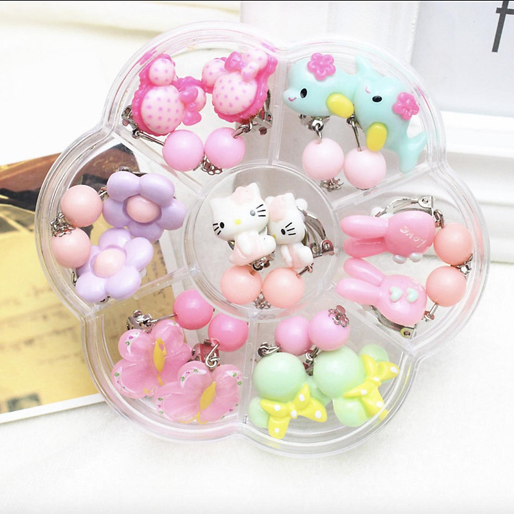 Khuyên tai kẹp cho bé nhựa họa tiết hoạt hình nhiều màu hình hoa - Combo hộp 7 đôi