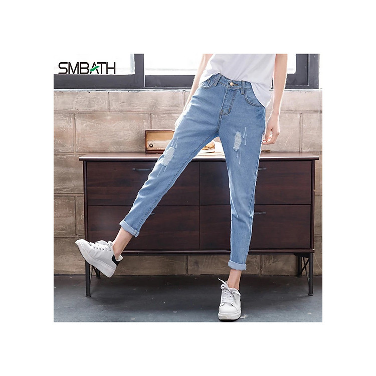 QUẦN JEAN BAGGY NỮ BIG SIZE RÁCH KIỂU ỐNG SUÔNG RỘNG, MÀU XANH NHẠT THỜI TRANG 2055