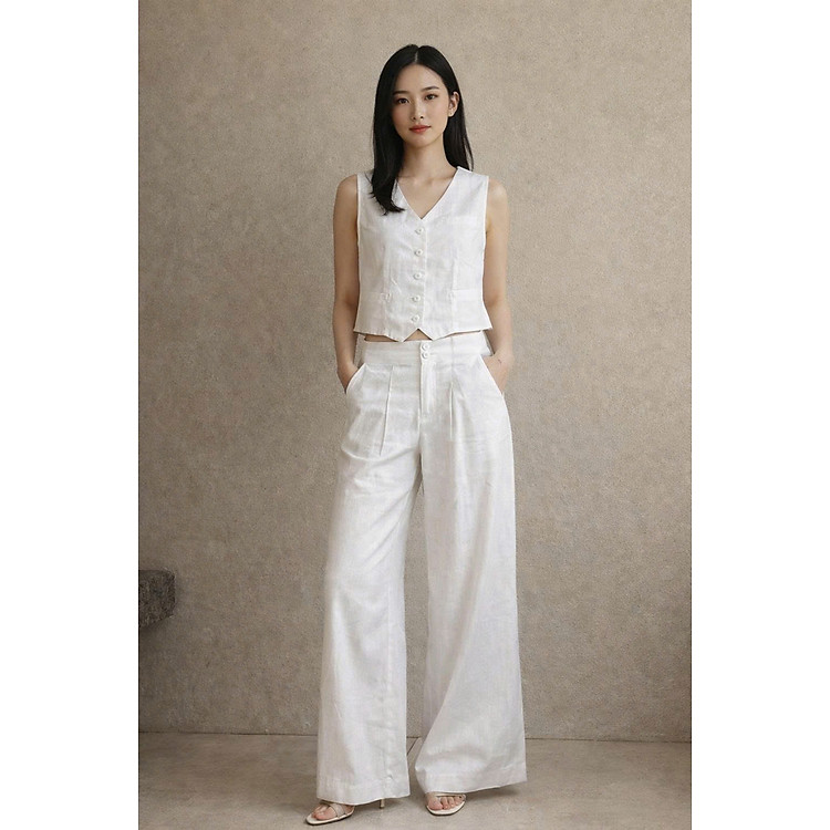 Set áo gile Linen mix quần suông ống rộng nữ phong cách retro Hàn Quốc trẻ trung bv10