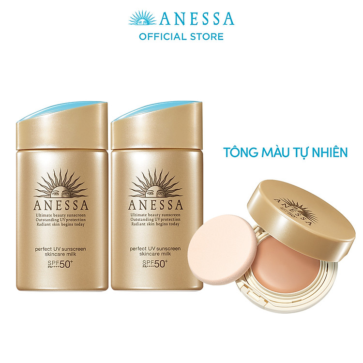 Bộ 2 Kem chống nắng Anessa kiềm dầu ráo mịn 60ml và Kem chống nắng trang điểm Anessa dạng nén tông tự nhiên 10g