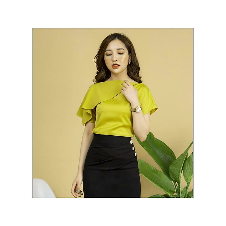 Áo Kiểu Nữ Ngắn Tay Bèo Lá xéo bên Xinh Xắn