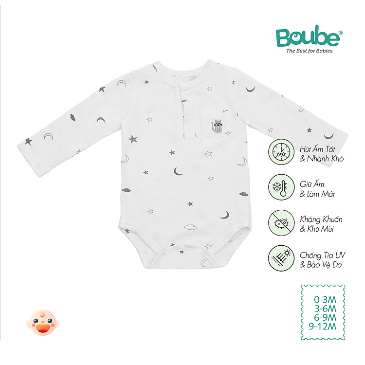 Bodychip, bộ liền tam giác dài tay cho bé sơ sinh họa tiết trăng sao Boube, vải Cotton organic thoáng mát - Size 0-12M