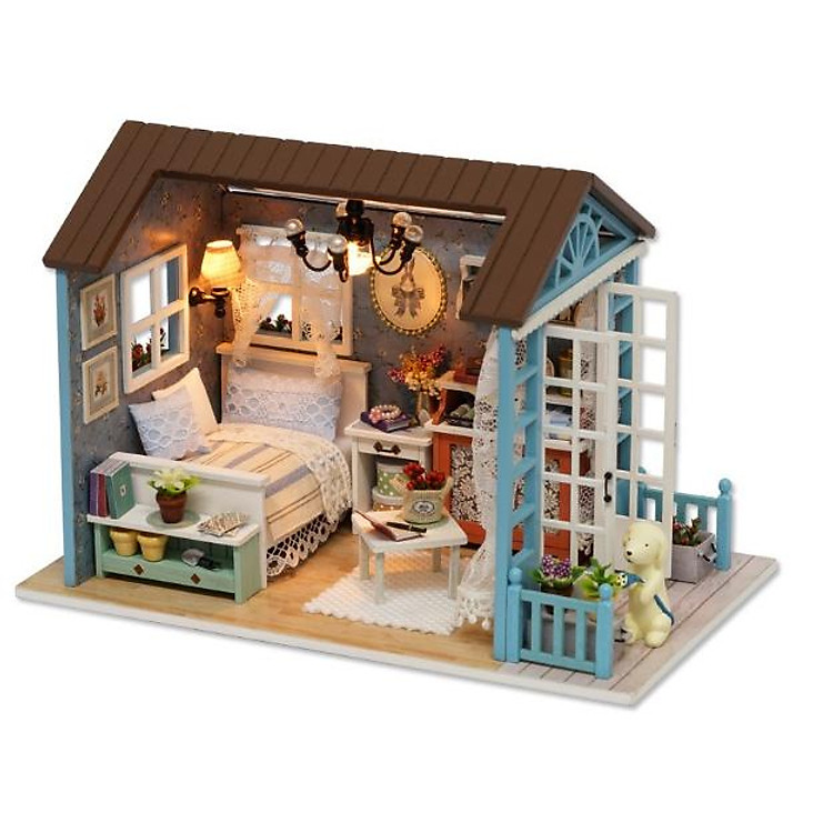 Mô hình nhà búp bê vát mái Cute Room với phòng ngủ màu xanh