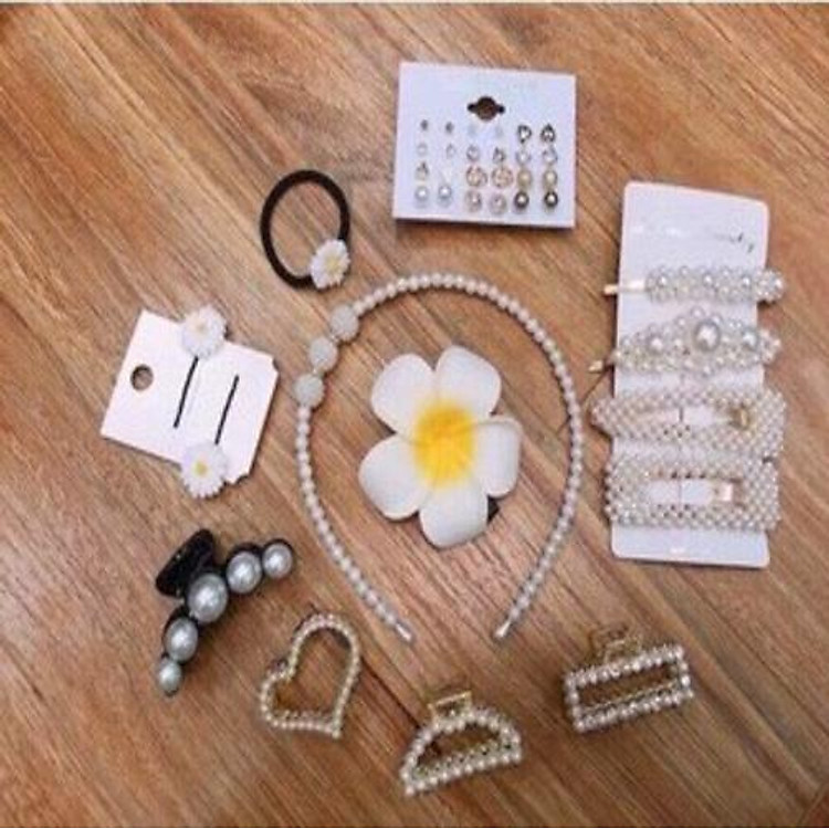 Set kẹp tóc ngọc trai hoa cúc 8 món, 25 chi tiết