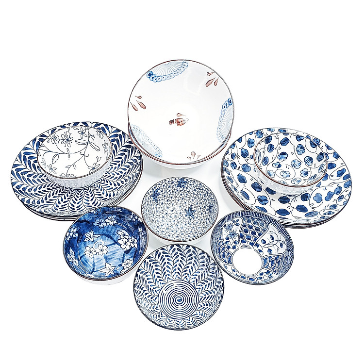 Bộ đồ ăn bằng sứ phong cách Nhật Bản 12 món (Hoa văn sắc xưa giả cổ) - Đồ dùng bàn ăn sang trọng