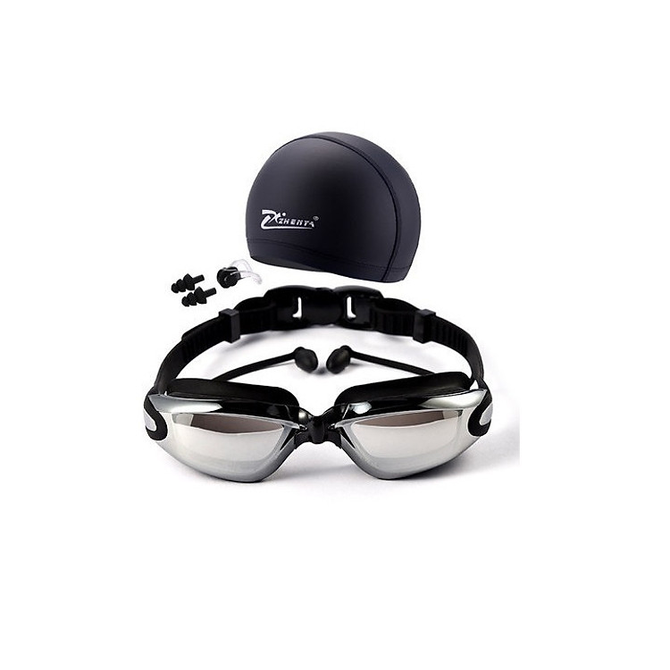 Bộ Kính Bơi Nam Người Lớn Chuyên Nghiệp. Tráng Gương Chống Tia UV, Chống Mờ Chống Nước. Tặng kèm Mũ (Nón) Bơi, Nút Bịt Tai, Kẹp Mũi Silicon. Có Hộp Đựng, Túi Đựng Tiện Dụng.