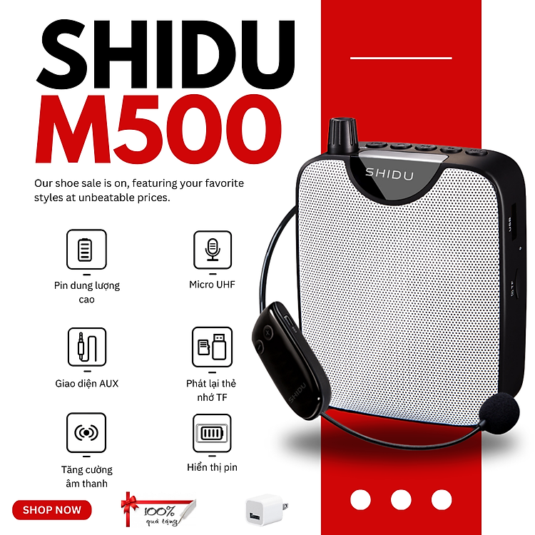 Shidu SD-M500 - Công Suất 10W, Kết Nối Micro Không Dây, Tần Số UHF Ổn Định, Âm Thanh Trong Trẻo, Pin 2200mAh 8 đến 10h, Kết Nối Đa Dạng USB TF AUX, Hỗ Trợ Micro Có Dây Tăng Cường Chất Lượng Âm Thanh, Nhỏ Gọn, Bền Bỉ, Dễ Dàng Mang Theo - Hàng Chính Hãng