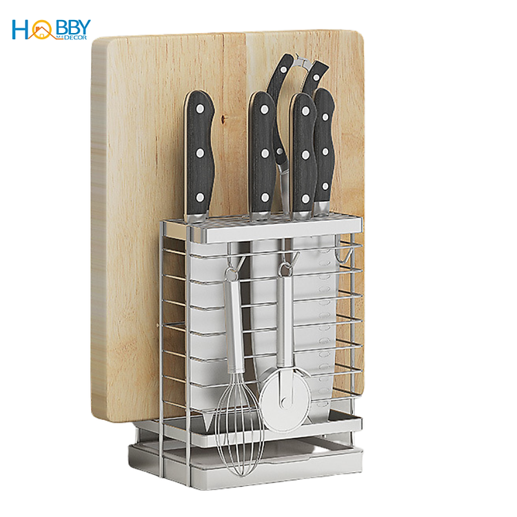 Kệ cắm dao keo thớt có 3 móc treo đồ inox 304 Hobby Home Decor DD2N3
