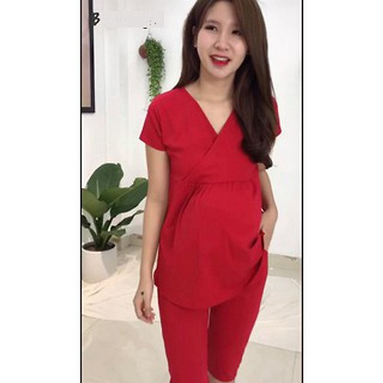 Bộ đồ bầu mặc nhà và sau sinh NGỐ thun cotton (có vạt chéo co bé ti)