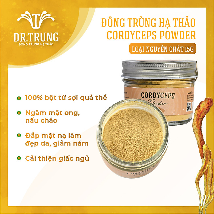 Đông trùng hạ thảo Khô - sấy thăng hoa DR. TRUNG - Dạng Bột mịn Cordyceps (15g) - Bổ sung dưỡng chất Adenosine, Đắp mặt nạ làm đẹp da, giảm nám, cải thiện giấc ngủ, dùng để ngâm mật ong hoặc nấu cháo