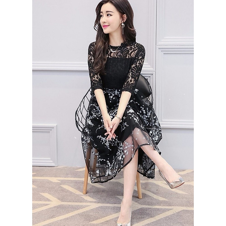 Đầm ren dự tiệc in hoa đào BY4291A