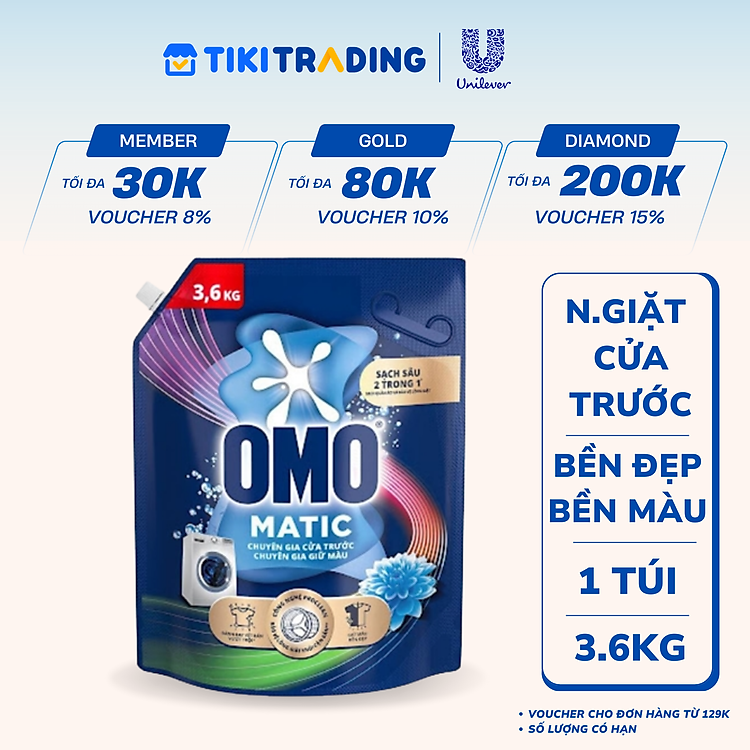 Túi Nước Giặt Omo Matic Bền Đẹp Bền Màu Cho Máy Giặt Cửa Trước 3.6KG