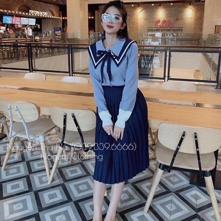 Sét áo len vs chân váy dài