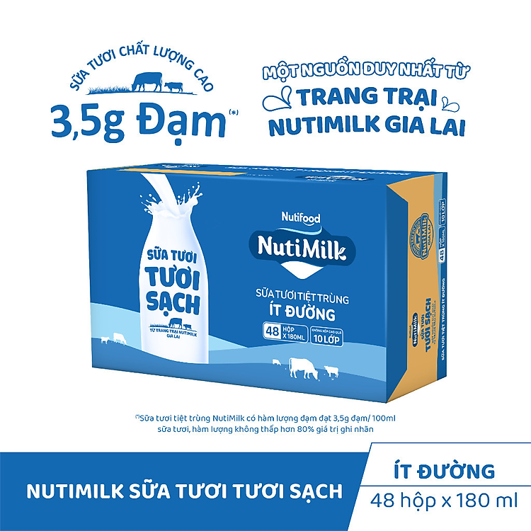 Thùng Sữa Tươi Tiệt Trùng NutiMilk Ít Đường 180ml (Hộp 180ml x 48)