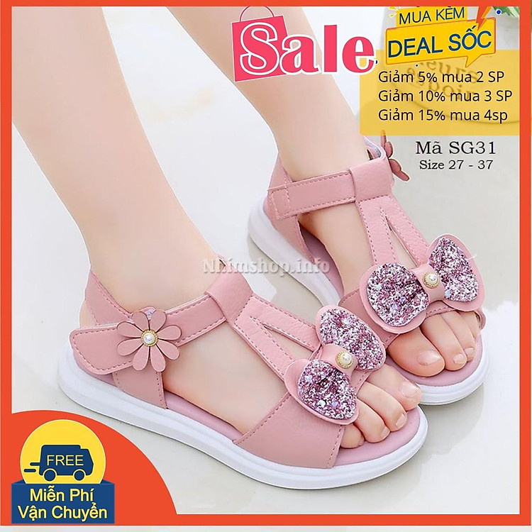 Dép sandal bé gái SG31 giày sandal trẻ em da mềm nơ hồng có quai hậu thời trang cho bé 3- 12 tuổi mùa hè đi học đi biển