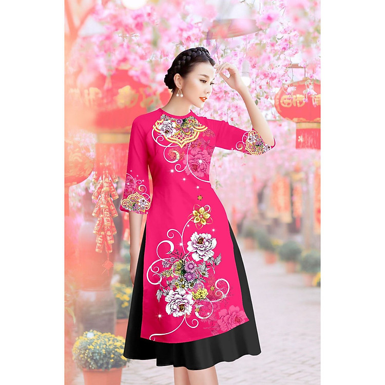 Sét Áo Dài Gấm Cách Tân In Hoa Cẩm Chướng + Chân Váy Xòe - ZLRAD10X