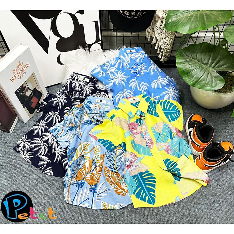 Áo sơ mi cho bé trai hoa lá phong cách hawai du lịch đẹp size 25-60kg chất vải mềm mát
