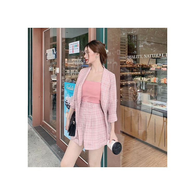 Combo trọn bộ nữ Vest và quần Short nữ sọc caro tôn dáng