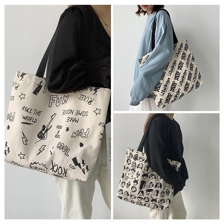 Túi tote vải canvas phong cách Hàn quốc, có khóa miệng ngăn phụ bên trong tiện dụng-Haka store