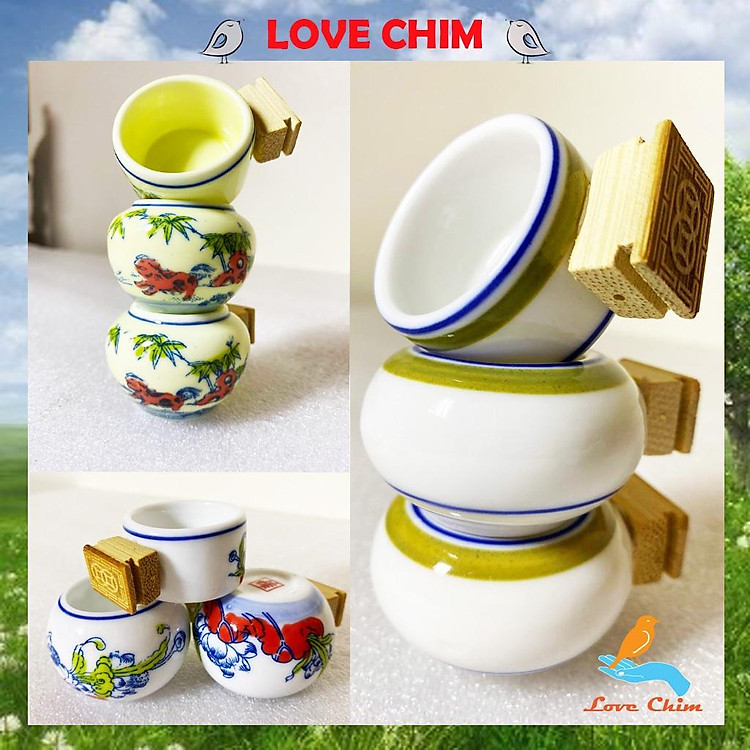 Cóng chào mào chất liệu gốm sứ cao cấp họa tiết siêu đẹp (Đủ bộ) ,Cóng sứ chào mào,Phụ kiện lồng chim LOVECHIM