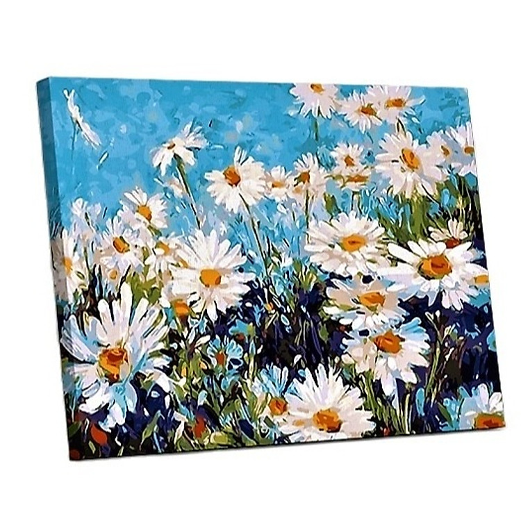 Tranh sơn dầu số hoá tự vẽ đã căn khung 40x50 cm - Hoa cúc dại