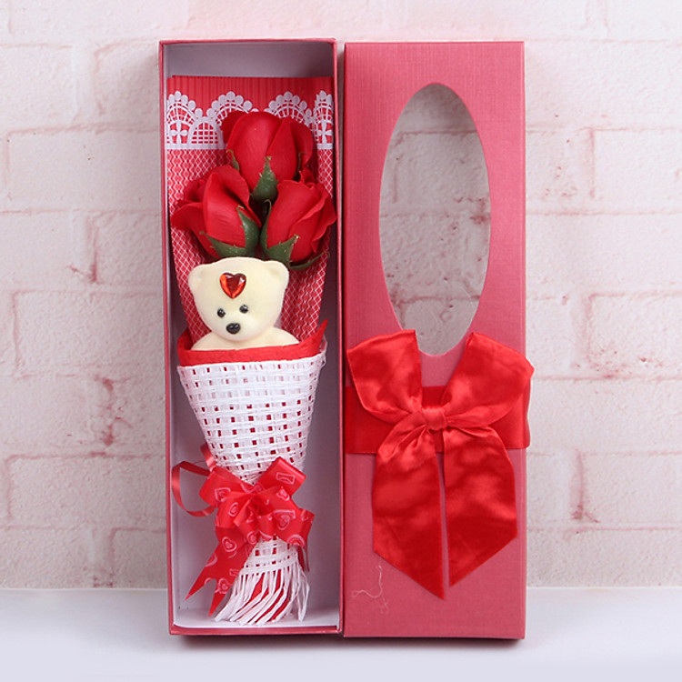 Hộp Quà Gấu Và Hoa Hồng Sáp 3 Bông